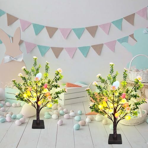 2 Pack 22 Lighted Easter Tree Decorations with 24 Pink Flowers & 24 Eggs  Battery Operated Tabletop Artificial Spring Tree with Timer  DIY Prelit Easter Decor for Home Indoor Centerpiece