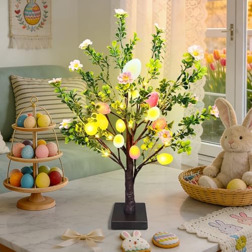 2 Pack 22 Lighted Easter Tree Decorations with 24 Pink Flowers & 24 Eggs  Battery Operated Tabletop Artificial Spring Tree with Timer  DIY Prelit Easter Decor for Home Indoor Centerpiece