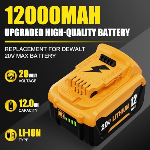 2 Packs 12000mAh High Capacity DCB206 Replacement for Dewalt 20V Max Battery Compatible with Dewalt 20V Battery Lithium Ion DCB200 DCB201 DCB203 DCB207 DCD/DCF/DCG Series Power Tools