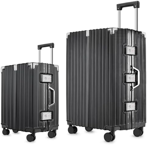 2 Piece Zipperless Luggage Set   20/28 Inch Airline Approved Carry On 22x14x9 in & Checked Suitcases  9H Scratch Proof Hard shell PC with Aluminum Frame for Business travel Black