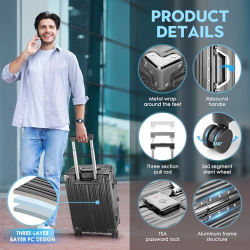 2 Piece Zipperless Luggage Set   20/28 Inch Airline Approved Carry On 22x14x9 in & Checked Suitcases  9H Scratch Proof Hard shell PC with Aluminum Frame for Business travel Black