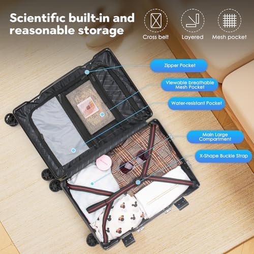 2 Piece Zipperless Luggage Set   20/28 Inch Airline Approved Carry On 22x14x9 in & Checked Suitcases  9H Scratch Proof Hard shell PC with Aluminum Frame for Business travel Black