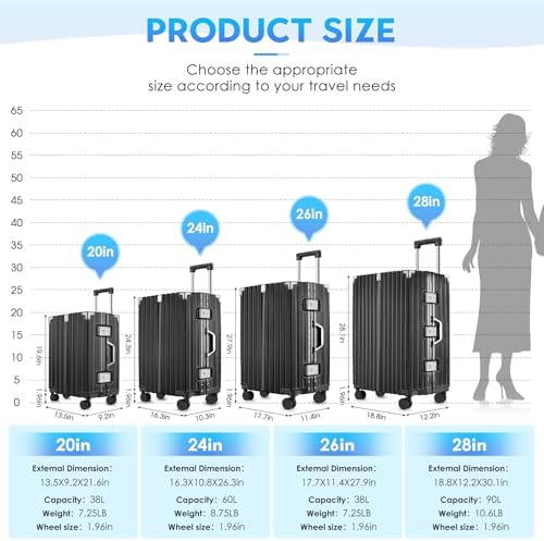 2 Piece Zipperless Luggage Set   20/28 Inch Airline Approved Carry On 22x14x9 in & Checked Suitcases  9H Scratch Proof Hard shell PC with Aluminum Frame for Business travel Black