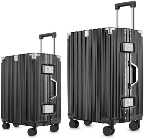 2 Piece Zipperless Luggage Set   20/28 Inch Airline Approved Carry On 22x14x9 in & Checked Suitcases  9H Scratch Proof Hard shell PC with Aluminum Frame for Business travel Black