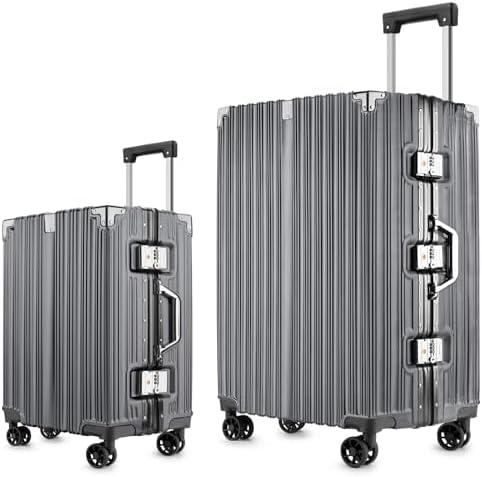 2 Piece Zipperless Luggage Set   20/28 Inch Airline Approved Carry On 22x14x9 in & Checked Suitcases  9H Scratch Proof Hard shell PC with Aluminum Frame for Business travel Black
