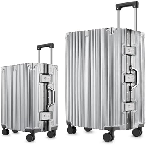 2 Piece Zipperless Luggage Set   20/28 Inch Airline Approved Carry On 22x14x9 in & Checked Suitcases  9H Scratch Proof Hard shell PC with Aluminum Frame for Business travel Black