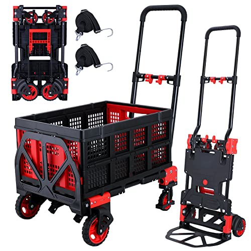 2 in 1Hand Truck Dolly Foldable with Folding Basket 330LBS Capacity Handtruck Hand Truck Foldable Dolly with 4 Wheels Dolly Cart with Retractable Handle Folding Hand Cart for Moving