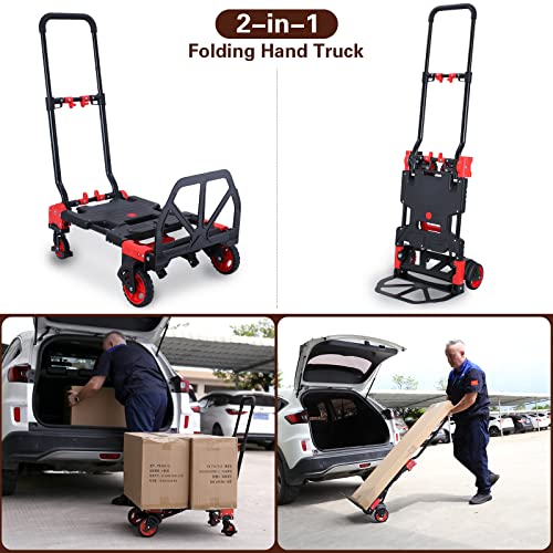 2 in 1Hand Truck Dolly Foldable with Folding Basket 330LBS Capacity Handtruck Hand Truck Foldable Dolly with 4 Wheels Dolly Cart with Retractable Handle Folding Hand Cart for Moving
