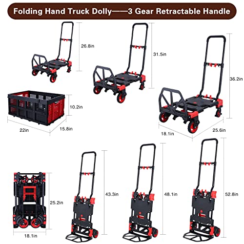 2 in 1Hand Truck Dolly Foldable with Folding Basket 330LBS Capacity Handtruck Hand Truck Foldable Dolly with 4 Wheels Dolly Cart with Retractable Handle Folding Hand Cart for Moving