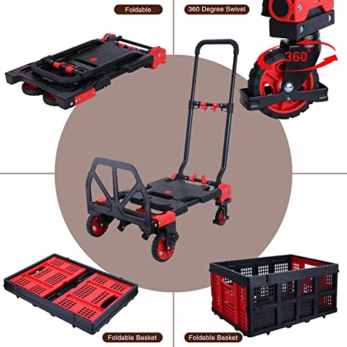 2 in 1Hand Truck Dolly Foldable with Folding Basket 330LBS Capacity Handtruck Hand Truck Foldable Dolly with 4 Wheels Dolly Cart with Retractable Handle Folding Hand Cart for Moving