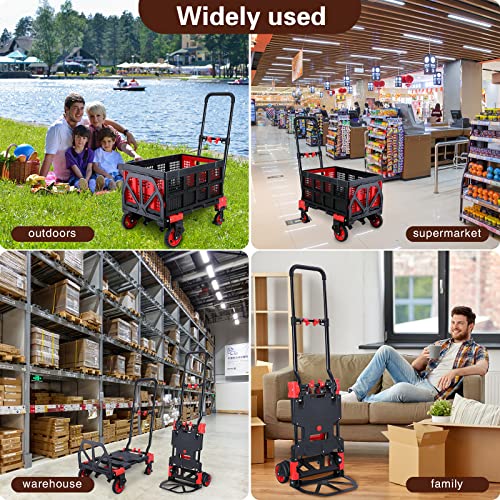 2 in 1Hand Truck Dolly Foldable with Folding Basket 330LBS Capacity Handtruck Hand Truck Foldable Dolly with 4 Wheels Dolly Cart with Retractable Handle Folding Hand Cart for Moving