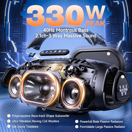330W PEAK Loudest Boom Box  7 5 Subwoofer/2 1Ch/IPX7 Waterproof  200W RMS Party Large Bluetooth Speaker Wireless with 2 Woofers/DSP/BT5 4/APP/Fast Charge/OTG/AUX/Guitar in  Massive Bass for Outdoors