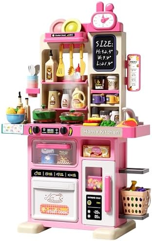 33 8IN Kids Kitchen Playset  63 PCS Kid Play Kitchen with Realistic Lights & Sounds  Spray Sink Toy Kitchen Accessories  Pretend Food Toys Kitchen for Boys Girls Toddlers Pink 