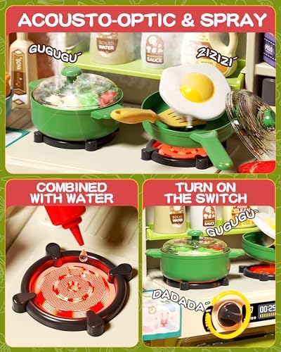 33 8IN Kids Kitchen Playset  63 PCS Kid Play Kitchen with Realistic Lights & Sounds  Spray Sink Toy Kitchen Accessories  Pretend Food Toys Kitchen for Boys Girls Toddlers Pink 