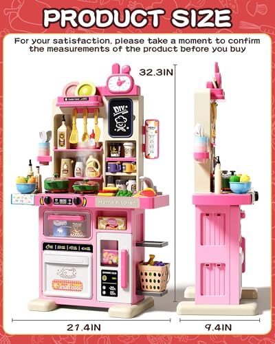 33 8IN Kids Kitchen Playset  63 PCS Kid Play Kitchen with Realistic Lights & Sounds  Spray Sink Toy Kitchen Accessories  Pretend Food Toys Kitchen for Boys Girls Toddlers Pink 