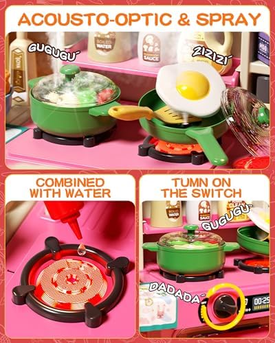 33 8IN Kids Kitchen Playset  63 PCS Kid Play Kitchen with Realistic Lights & Sounds  Spray Sink Toy Kitchen Accessories  Pretend Food Toys Kitchen for Boys Girls Toddlers Pink 
