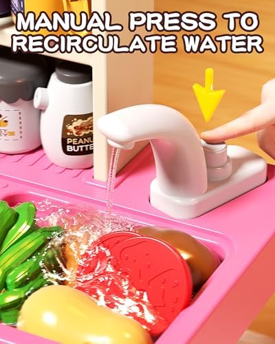 33 8IN Kids Kitchen Playset  63 PCS Kid Play Kitchen with Realistic Lights & Sounds  Spray Sink Toy Kitchen Accessories  Pretend Food Toys Kitchen for Boys Girls Toddlers Pink 