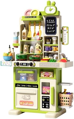 33 8IN Kids Kitchen Playset  63 PCS Kid Play Kitchen with Realistic Lights & Sounds  Spray Sink Toy Kitchen Accessories  Pretend Food Toys Kitchen for Boys Girls Toddlers Pink 