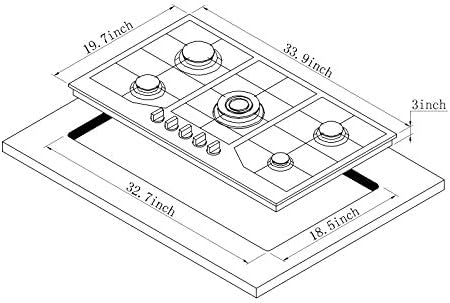 Cocina de gas de 34 pulgadas de acero inoxidable incorporada de 5 quemadores, estufa de gas LPG/NG convertible, cocina de gas de doble combustible, cocina de gas de 5 quemadores DM5808