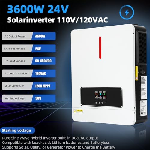 3600W Hybrid Solar Inverter 24VDC to 110V/120VAC All in One Pure Sine Wave Hybrid Solar Inverter with 120A MPPT Charge Controller Ideal for Home & Outdoor Use