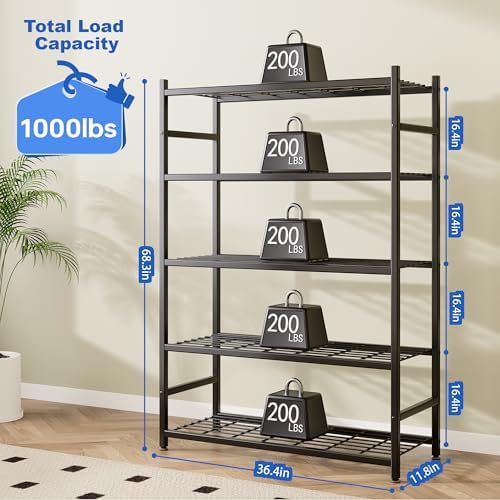 36 4 W Storage Shelves  5 Tier Metal Shelving Unit with Adjustable Feet  Shelf Organizer for Garage  Kitchen  Pantry and Closet Organization  36 4 x 11 8 x 68 3  Black