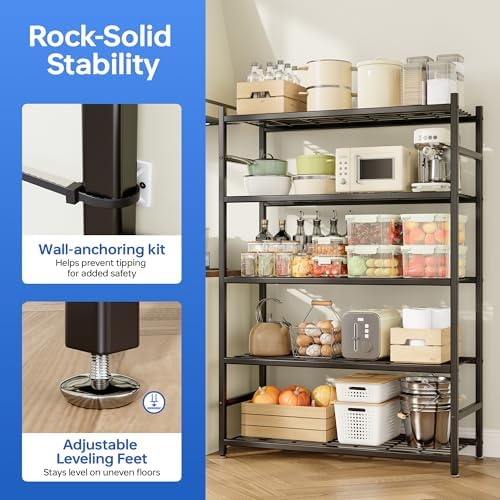 36 4 W Storage Shelves  5 Tier Metal Shelving Unit with Adjustable Feet  Shelf Organizer for Garage  Kitchen  Pantry and Closet Organization  36 4 x 11 8 x 68 3  Black