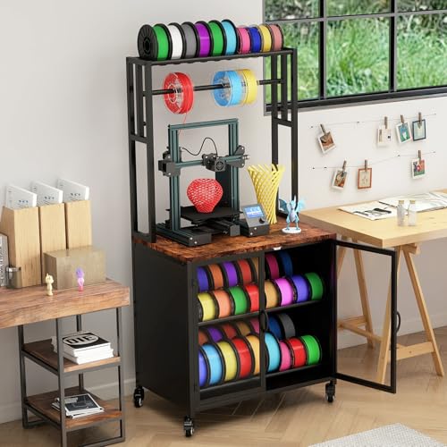 3D Printer Stand with Filament Storage 3D Printing Filament Organizing Table  with Wheels and Storage Cabinet  Heavy Duty 3D Printer Workbench for Studios and Offices  Black