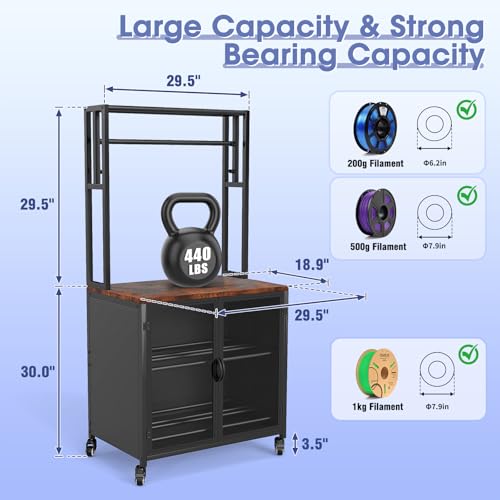 3D Printer Stand with Filament Storage 3D Printing Filament Organizing Table  with Wheels and Storage Cabinet  Heavy Duty 3D Printer Workbench for Studios and Offices  Black