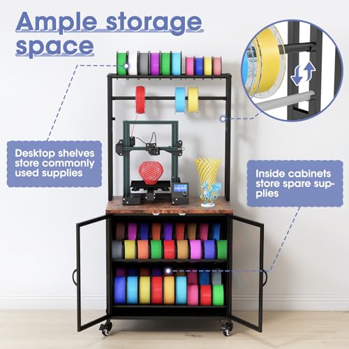 3D Printer Stand with Filament Storage 3D Printing Filament Organizing Table  with Wheels and Storage Cabinet  Heavy Duty 3D Printer Workbench for Studios and Offices  Black
