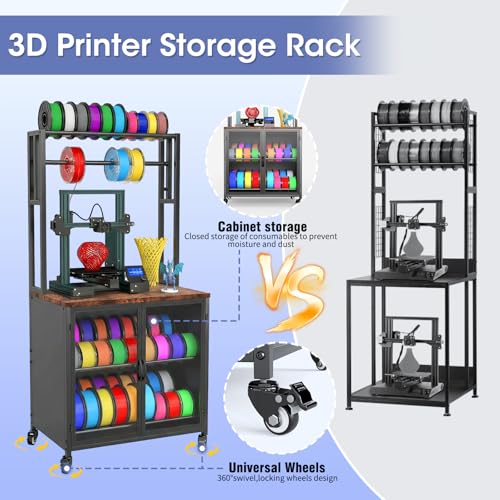 3D Printer Stand with Filament Storage 3D Printing Filament Organizing Table  with Wheels and Storage Cabinet  Heavy Duty 3D Printer Workbench for Studios and Offices  Black