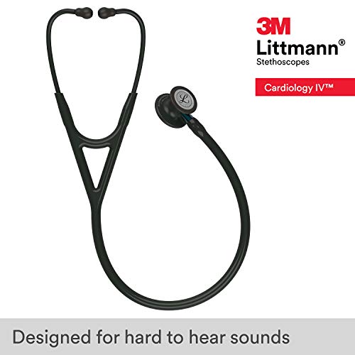 3M Littmann Cardiology IV - Estetoscopio de diagnóstico 6201, más de 2 veces más fuerte, pesa menos, pieza torácica de acero inoxidable con acabado negro, vástago azul de 27 pulgadas, tubo negro y