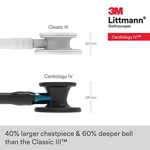 3M Littmann Cardiology IV - Estetoscopio de diagnóstico 6201, más de 2 veces más fuerte, pesa menos, pieza torácica de acero inoxidable con acabado negro, vástago azul de 27 pulgadas, tubo negro y