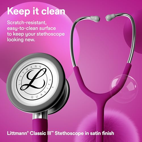 3M Littmann Classic III - Estetoscopio 5648C, tubo con acabado satinado de frambuesa de 27 pulgadas para mayor comodidad, flexibilidad y limpieza, pieza torácica de acero inoxidable, más de 2 veces