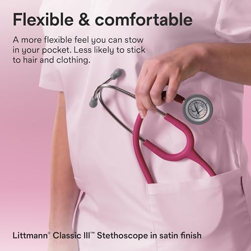 3M Littmann Classic III - Estetoscopio 5648C, tubo con acabado satinado de frambuesa de 27 pulgadas para mayor comodidad, flexibilidad y limpieza, pieza torácica de acero inoxidable, más de 2 veces