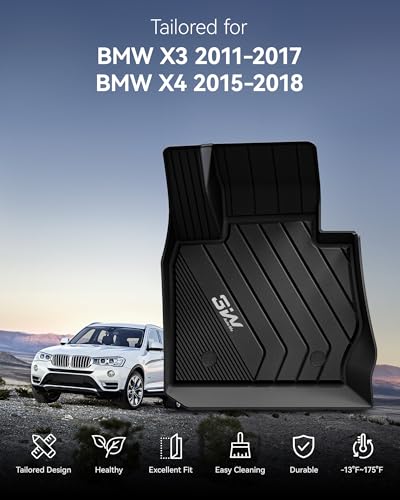 3W Floor Mats Compatible for BMW X3 F25 2011 2017 / BMW X4 2015 2018 Custom Fit TPE All Weather Floor Liner for BMW X3 / X4 1st and 2nd Row Full Set Car Mats  Black