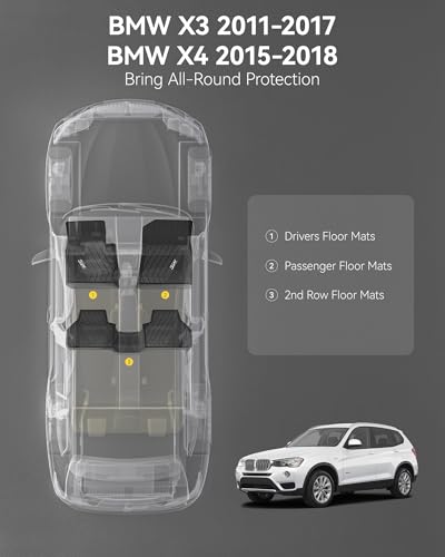 3W Floor Mats Compatible for BMW X3 F25 2011 2017 / BMW X4 2015 2018 Custom Fit TPE All Weather Floor Liner for BMW X3 / X4 1st and 2nd Row Full Set Car Mats  Black