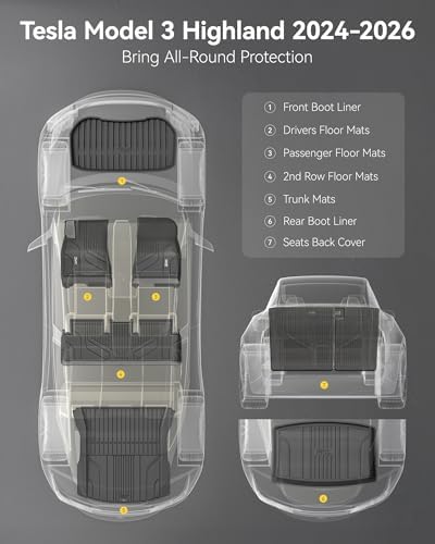 3W Tesla Model 3 Floor Mats 2026 2025 2024 with Mental Pedal  Full Set with Seatback Protector  Highland All Weather Custom Fit Rear Trunk Mat Accessories Black