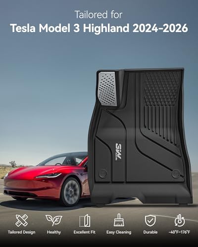 3W Tesla Model 3 Floor Mats 2026 2025 2024 with Mental Pedal  Full Set with Seatback Protector  Highland All Weather Custom Fit Rear Trunk Mat Accessories Black
