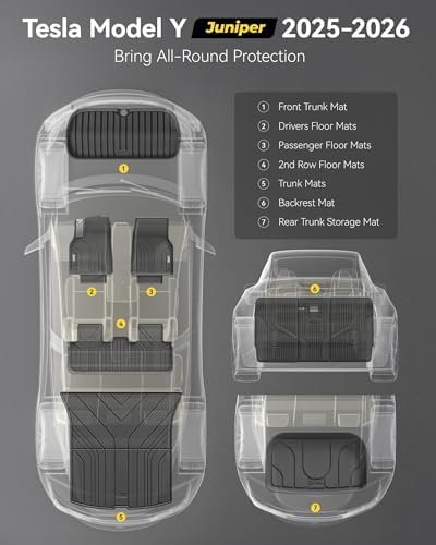 3W Tesla New Model Y Juniper 2025 2026 Floor Mats & Cargo Liners  Trunk Mats  Seat Back Cover Protector  All Weather Customer Fit Upgrade Vigormold  TPE  Model Y Juniper Accessories Not for Standard 