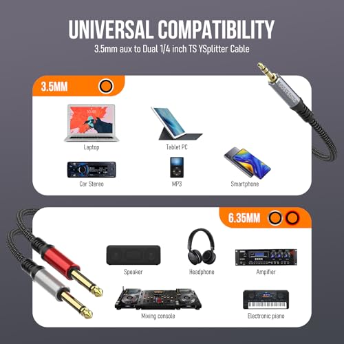 3 5mm 1/8 Stereo to Dual 1/4 TS Mono Y Splitter Audio Cable Adapter Compatible with iPhone  PC  Computer Sound Card  Mixer  Multimedia Speaker  Home Stereo System 30FT