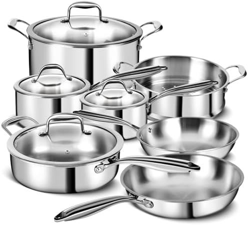 3 Ply Stainless Steel 11 Piece Cookware Set with Lids  Pots and Pans Kitchen Set  Non Toxic  Induction  Oven  Dishwasher Safe  Professional Chef Quality