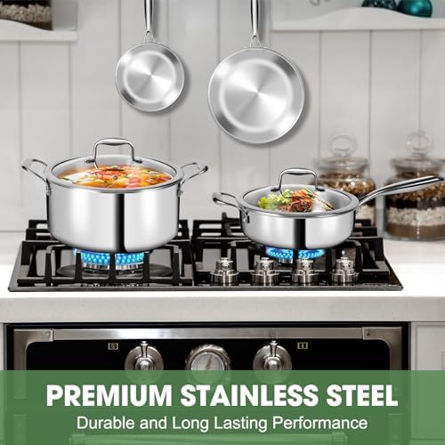 3 Ply Stainless Steel 11 Piece Cookware Set with Lids  Pots and Pans Kitchen Set  Non Toxic  Induction  Oven  Dishwasher Safe  Professional Chef Quality