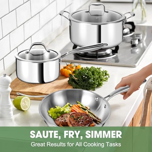 3 Ply Stainless Steel 11 Piece Cookware Set with Lids  Pots and Pans Kitchen Set  Non Toxic  Induction  Oven  Dishwasher Safe  Professional Chef Quality