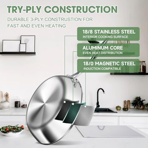 3 Ply Stainless Steel 11 Piece Cookware Set with Lids  Pots and Pans Kitchen Set  Non Toxic  Induction  Oven  Dishwasher Safe  Professional Chef Quality