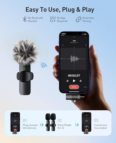 Mini micrófono, micrófonos Lavalier inalámbricos 3 en 1 para iPhone, iPad, cámara y dispositivos Android, micrófono de solapa con reducción de ruido