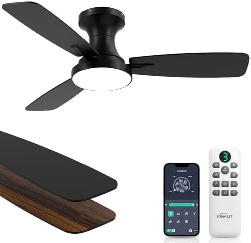 42 inch Smart Ceiling Fan with Light  Low Profile Flush Mount with Remote Control  Ultra Quiet Reversible DC Motor  3 Color Temperatures & 6 Speed Dimmable Lighting for Bedroom  Black