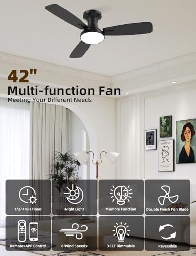 42 inch Smart Ceiling Fan with Light  Low Profile Flush Mount with Remote Control  Ultra Quiet Reversible DC Motor  3 Color Temperatures & 6 Speed Dimmable Lighting for Bedroom  Black