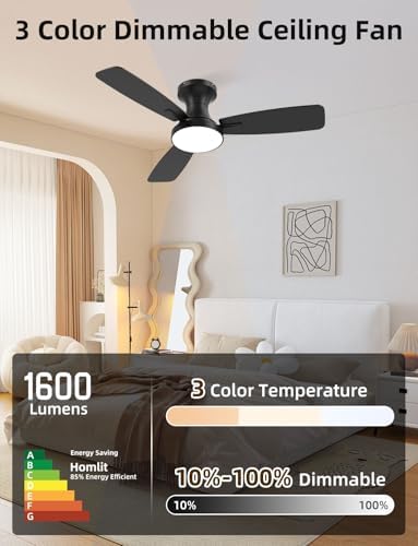 42 inch Smart Ceiling Fan with Light  Low Profile Flush Mount with Remote Control  Ultra Quiet Reversible DC Motor  3 Color Temperatures & 6 Speed Dimmable Lighting for Bedroom  Black