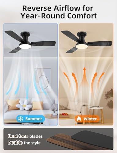 42 inch Smart Ceiling Fan with Light  Low Profile Flush Mount with Remote Control  Ultra Quiet Reversible DC Motor  3 Color Temperatures & 6 Speed Dimmable Lighting for Bedroom  Black