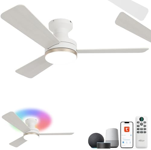 42 inch Smart Ceiling Fan with Light  Low Profile Flush Mount with Remote Control  Ultra Quiet Reversible DC Motor  3 Color Temperatures & 6 Speed Dimmable Lighting for Bedroom  Black